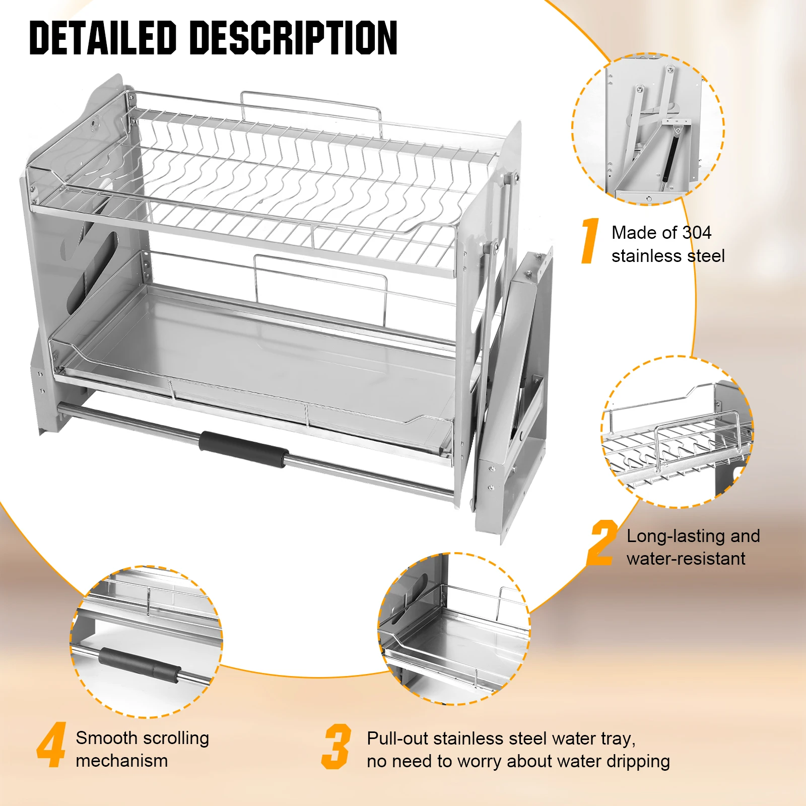 

2-Tier Pull Down Cabinet Organizer Cutlery Lift-up Basket Cabinet 304 Stainless Steel 22-34 Inch Width for Snacks Bowls Plate