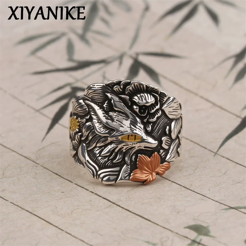 XIYANIKE Retro Thai Silver Fox Floral Wide Adjustable Finger Rings For Women Fashion New Jewelry Gift Party кольца
