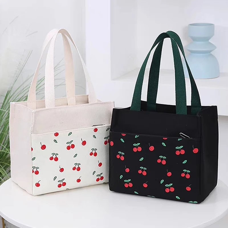 Simple Cherry Print Pattern Large Capacity Versatile Handbag Office Worker Lunch Bag Commuter Bento Tote Bag