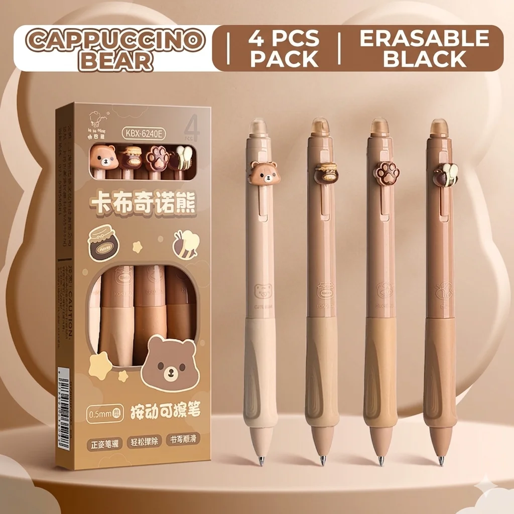 4Pcs Kawaii Bear Erasable Pens Set, 0.5mm Fine Point, Retractable Gel Pens for Kids School, Smooth & No Ghost
