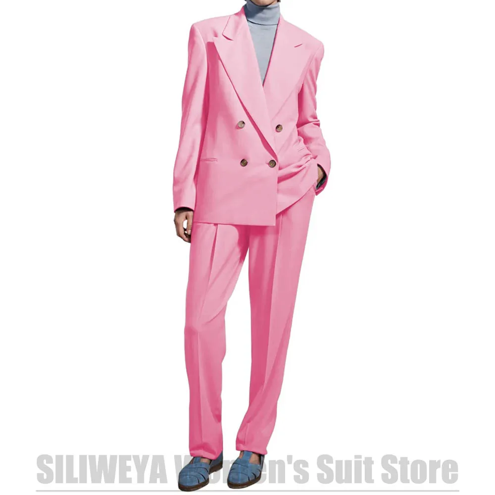 Women's Suit Fashion Double Breasted Blazer and Trousers Set Oversized Loose Fit Office Casual Business Daily Wear Two Piece