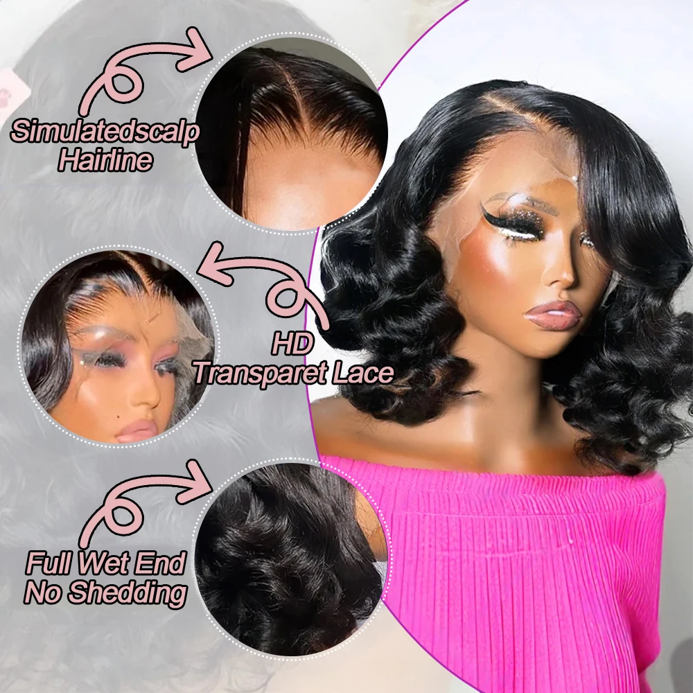 13x6 Glueless HD Lace Front Wig Body Wave Brazilian Human Hair Pre Cut Lace Short Bob Pre Plucked For Black Women Ready To Wear image 3