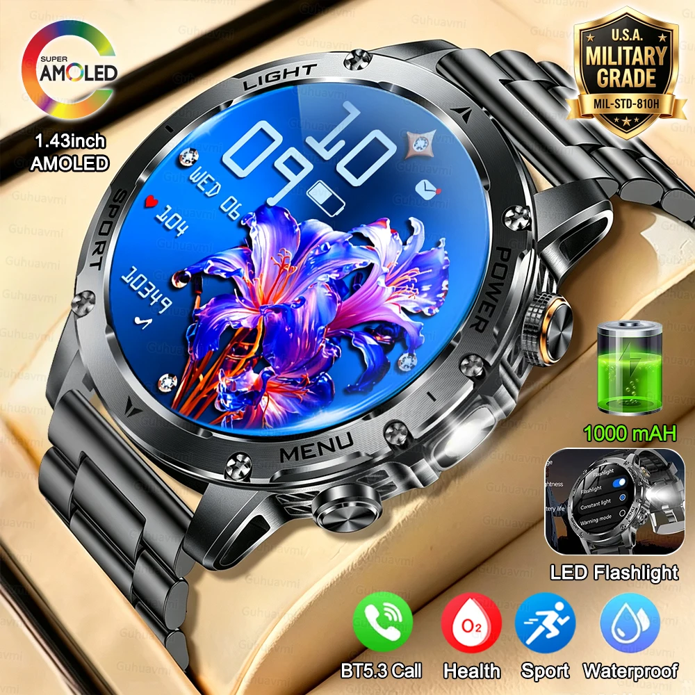 New Military Outdoor Smartwatch 1000 mAh Battery Fitness Tracking Waterproof Sports Watch Flashlight Bluetooth call Latest CPU Version Health Monitoring,Durable Sports Watch for Men