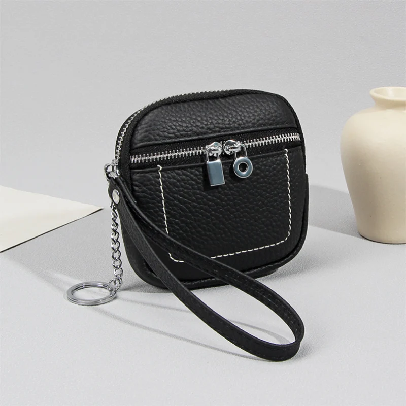 Women Genuine Leather Coin Purse Small Zipper Short Wallet Card Holder Cowhide Multi-functional Earphones Lipstick Storage Pouch