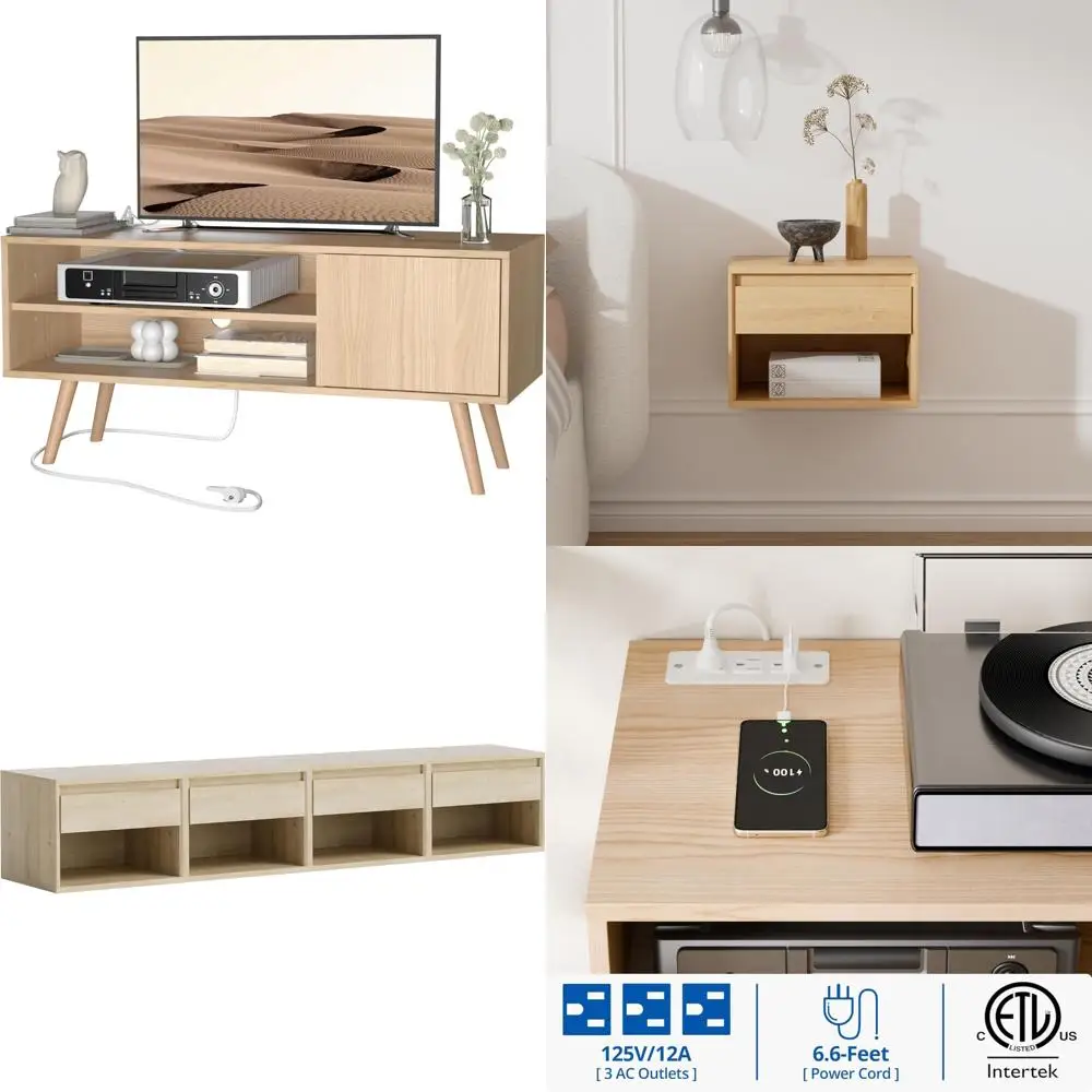 

Mid Century Modern 48 Inch TV Stand with Storage Cabinet and Charging, Entertainment Center Console