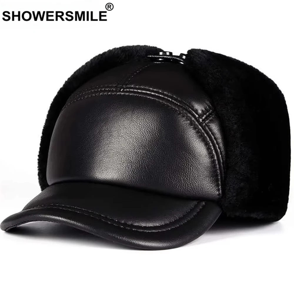 

SHOWERSMILE Genuine Leather Bomber Hat Winter Men Real Sheepskin Hat Earflap Black Warm Thick Ski Snow Windproof Russian Hat