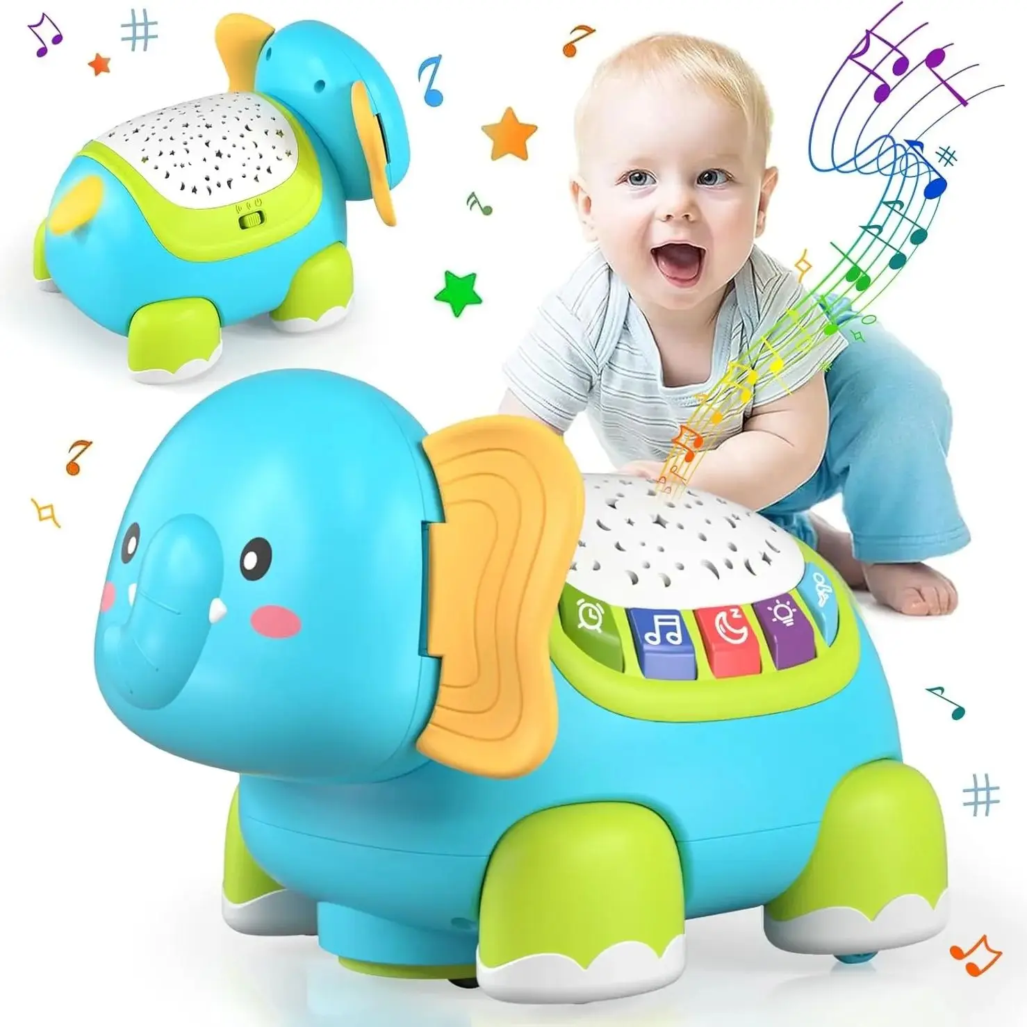 Baby kruipende muzikale olifant speelgoed voor 18M+, Montessori peuter geluidsspeelgoed met projectorlicht, verjaardagscadeaus leren,