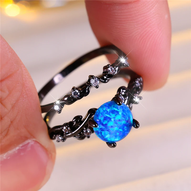 Cute Female Blue Fire Opal Round Leaf Engagement Ring Set Cute Black Gold Color Wedding Jewelry For Women