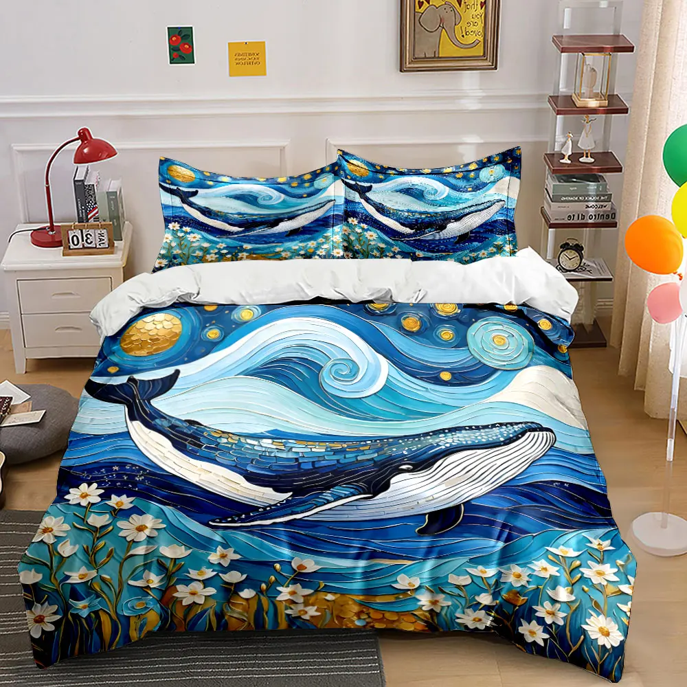 Whale, waves, flowers, stars Print Bedding Set 1 Duvet Cover 2 Pillowcases for Adult and Children Luxury Gift Full Size