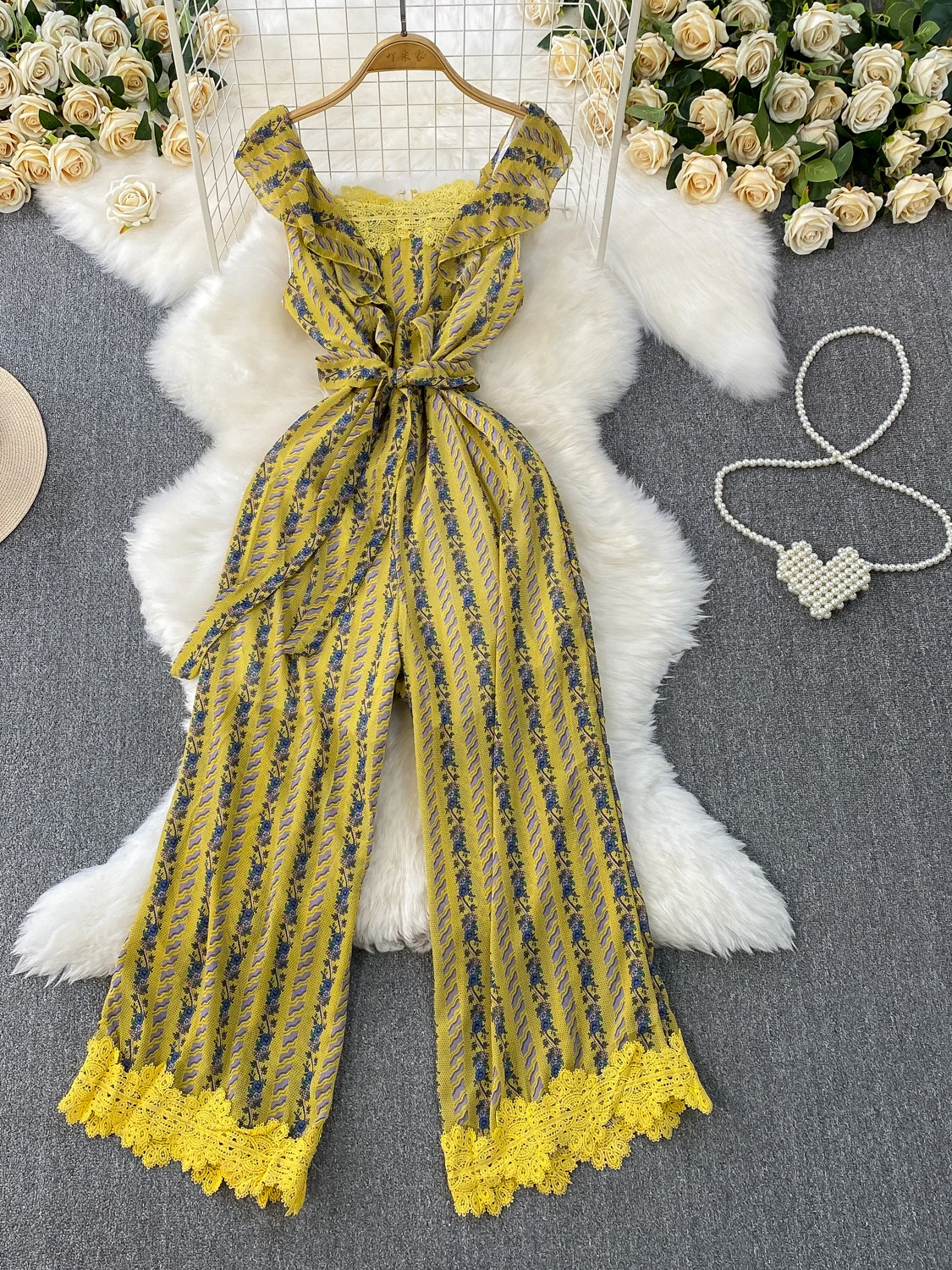 

Slimming Wide Leg Pants Lace Splice Banded Waist Flng Sve Jumpsuit Women Summer Print High Waist Long Pants