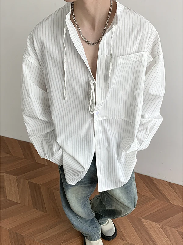 

Loose Fit Striped Long Sve Men's irt Dstring Trendy Brand Casual Open Cardigan Sun Protection Outerwear