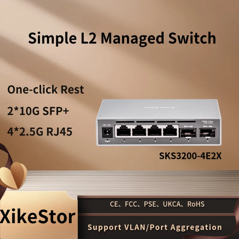 

XikeStor 6 Ports Managed Switch with 4-Port 2.5G RJ45& 2-Port 10G SFP+ Simple Network Switch
