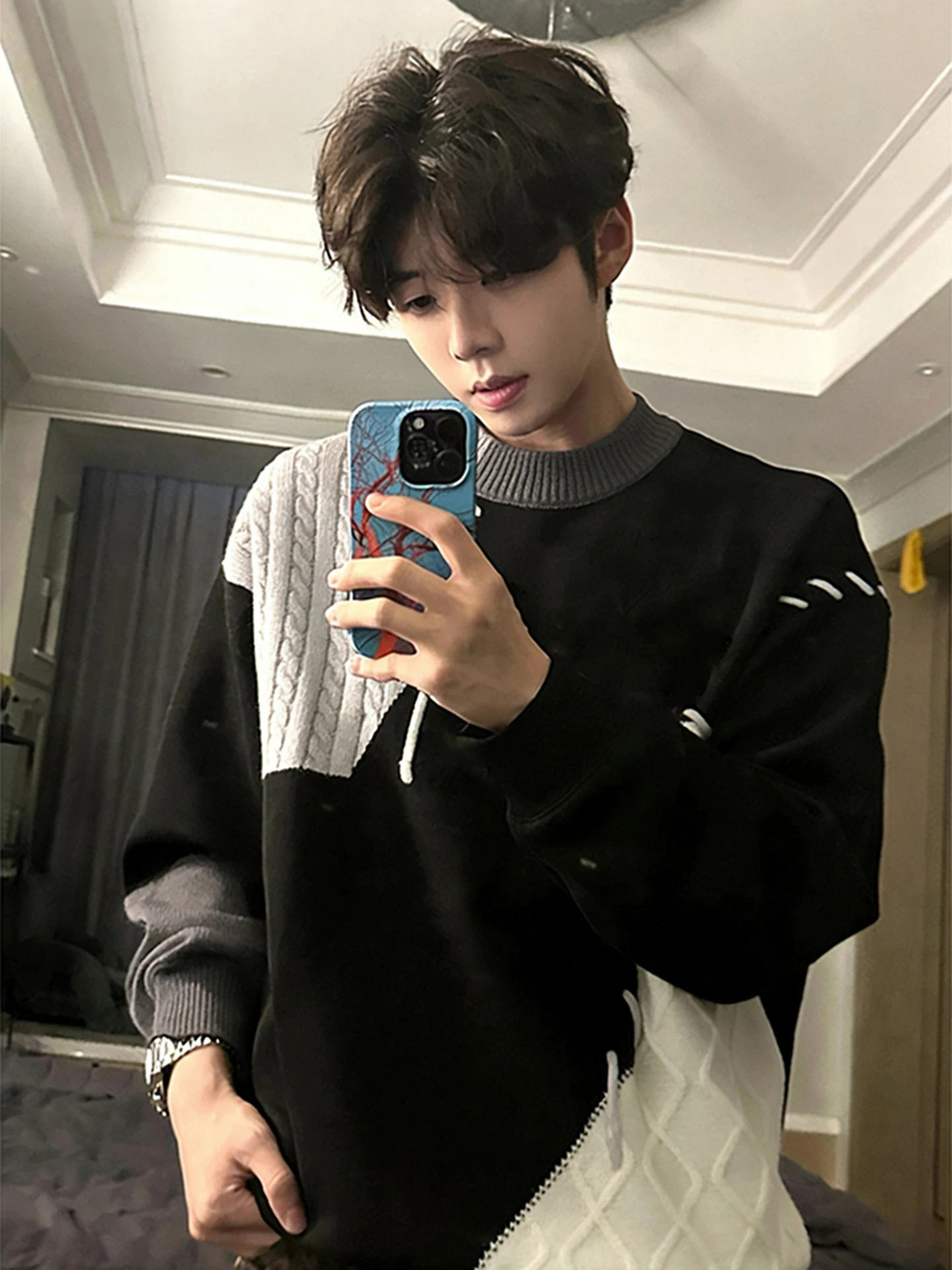 

Мужской свитер с круглым вырезом на флисовой подкладке, повседневный зимний джемпер, базовый слой, топ в стиле lazy, черно-белый пэчворк, американский дизайн