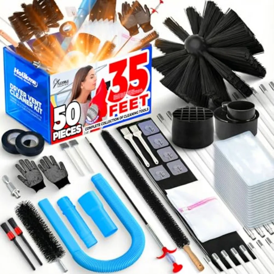 

50 Pieces 35 Feet Dryer Vent Cleaner Kit Dryer Cleaning Tools Include Dryer Vent Brush Omnidirectional Blue Dryer Lint Vacuum A