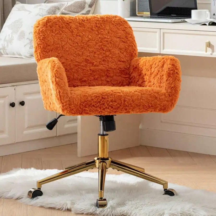Home Office Chair, Faux Fur Desk Chair With Wheels, Comfortable Vanity Chair With Gold Metal Base, Stylish Computer Chair For Li