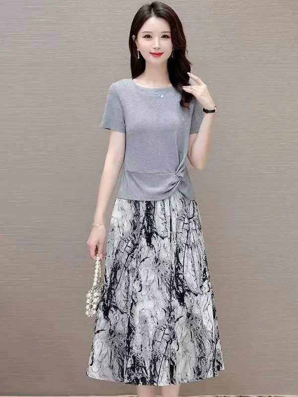 Summer Outfit Set Short Sleeve Dress Mid-aged plus Size Clothing Slimming Meat Covering Half-length Skirt Two-piece Set