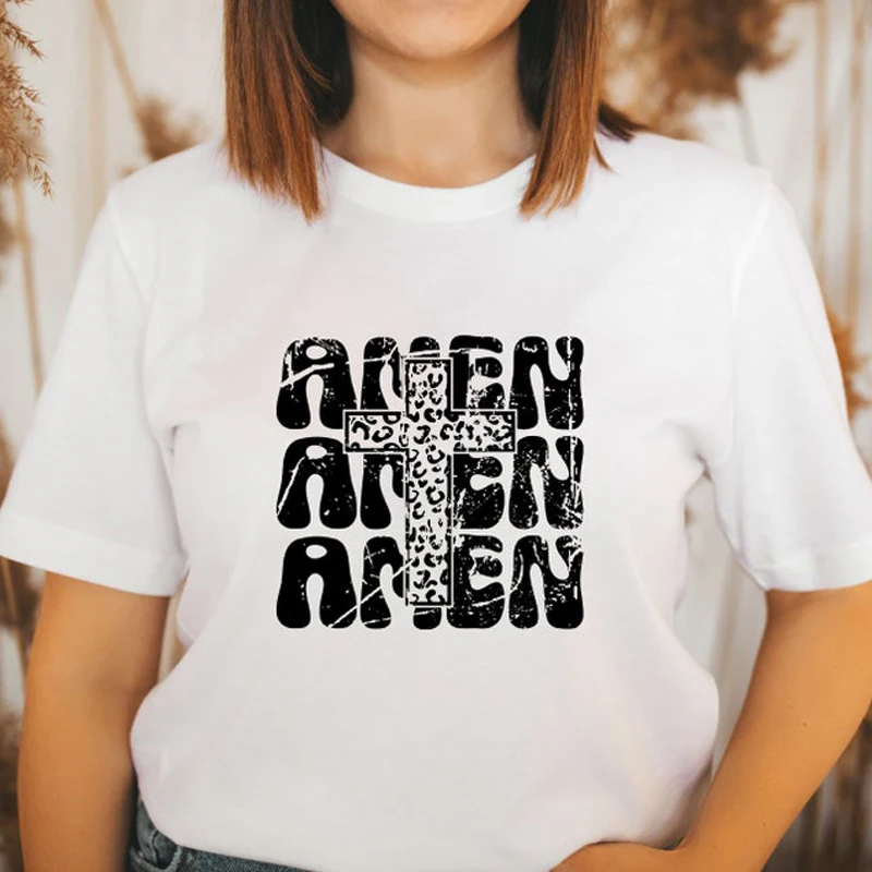 Amen Slogan Christian Tees Cross Print Top Shirt Harajuku T-Shirt Female Short Sleeve Custom T-Shirts