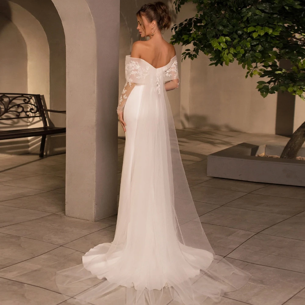 Abito da sposa in morbido raso bianco personalizzato Abito da sposa sexy con scollo a barchetta e spalle scoperte Abito da sposa con strascico a sirena da sogno