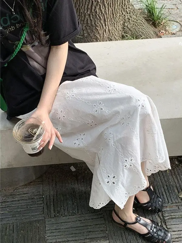 

plus Size Lace Hollow out Slit Casual Mid-Length Skirt Women's Korean Style High Waist A-Line Summer Skirts White