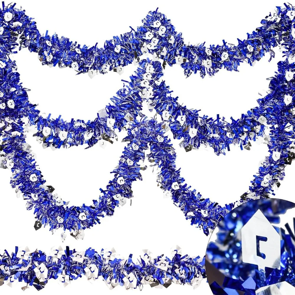 هانوكا بهرج جارلاند أزرق معدني تويست فويل بهرج جارلاند مع الشمعدان الفضي ونجمة داود الحلي إكليل معلق #5