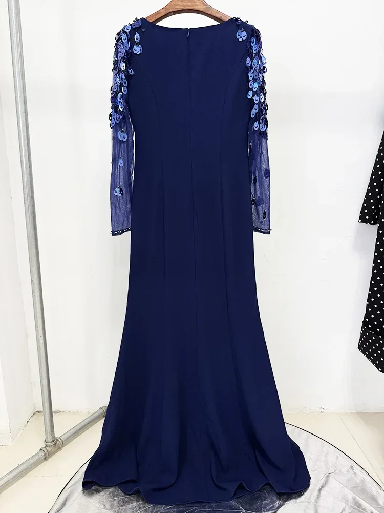 Aangepaste elegante pailletten geborduurde uitlopende tule damesavondjurk met lange mouwen 2026 lente zomer nieuwe stijl dzi Uchadro •