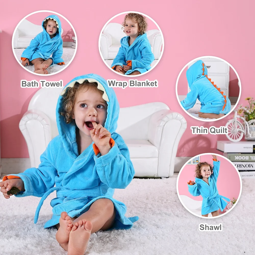 MICHLEY Baby Bathrobe Cartoon Dinosaur Cotton Hooded Soft Infant Bath Towel Robe Pajamas For Kids Boy Girl Children Winter 1-5T