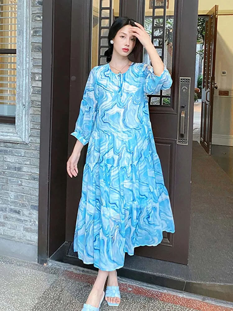 

Jastie Blue Casual Loose Vacation Dress Women Summer Elegant Tie Print Mid-length Dress Three Quarter Sleeve Swing Dresses 2023