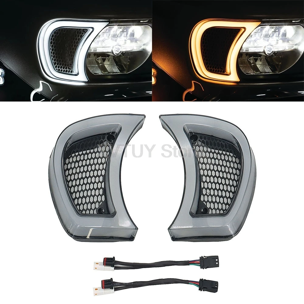 2Pcs Motorcycle LED Headlight Vent Accents ABS Turn Signal Light Running Light Fit Accesorios Moto for Harley Road Gilde 2015-Up