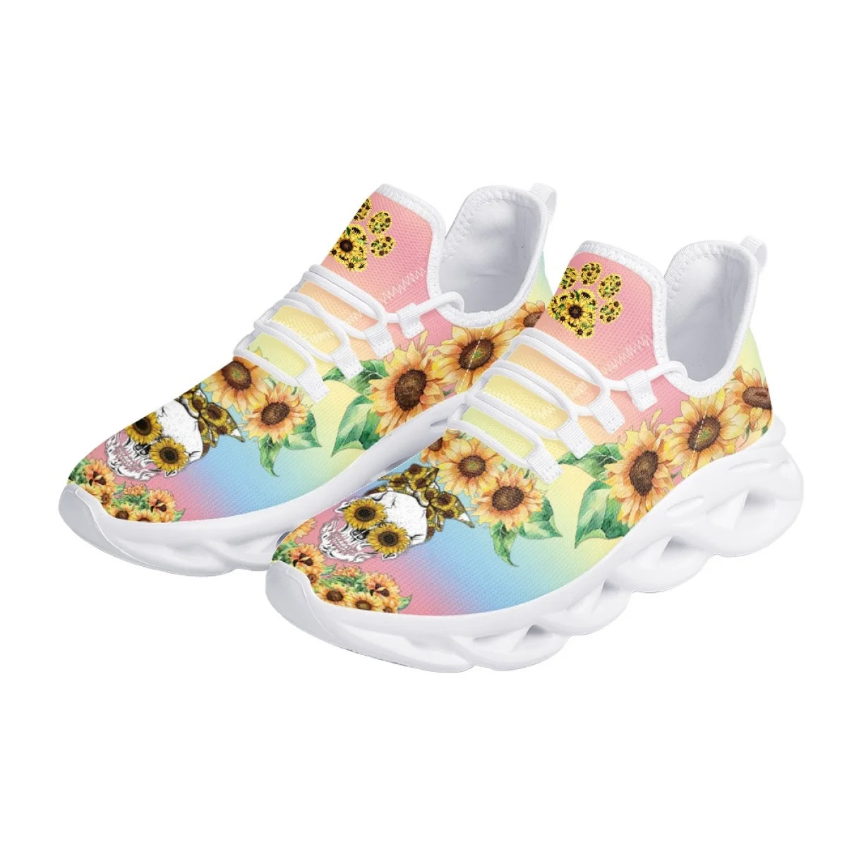 INSTANTARTS Stylist Design Sunflower Skull Print Ladies Shockproof Running Sneakers Outdoor Hiking Mesh Shoes Non-Slip Tennis