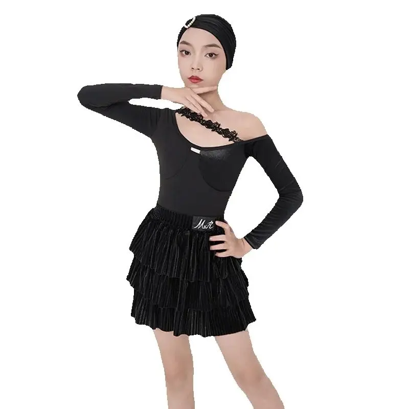 Strój do tańca latynoamerykańskiego dla dziewcząt, czarny strój na zawody taneczne, ubrania do samby i tańca towarzyskiego dla dzieci, sukienki treningowe SL13942
