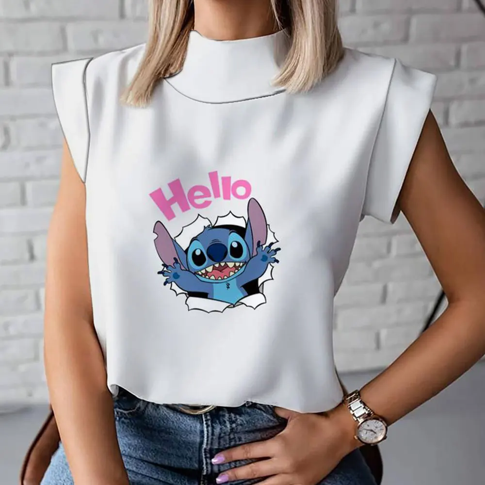 Camiseta de cuello alto de dibujos animados de estrella y puntada para mujer, camiseta de manga corta informal, cómoda y a la moda, Verano