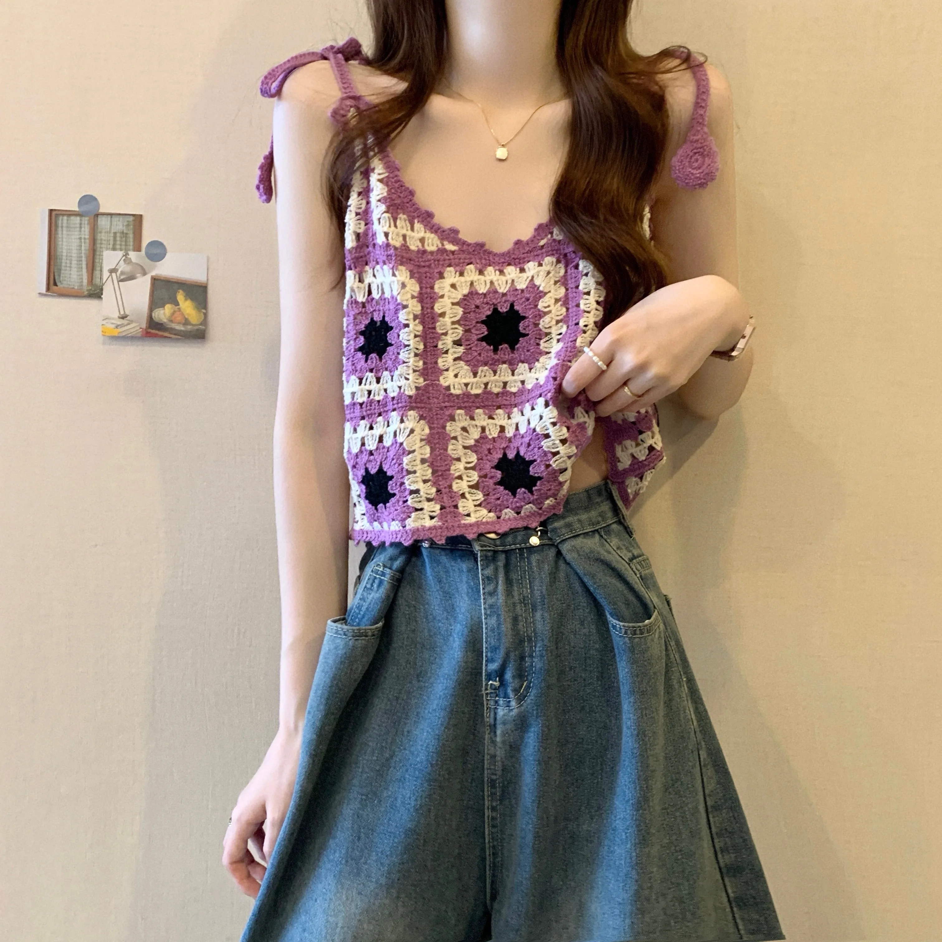 Boho Crochet Top Open Knit Tie Strap Crop Camis for Women Teengirl Granny Square Top Vintage Fairycore Summer Outfit