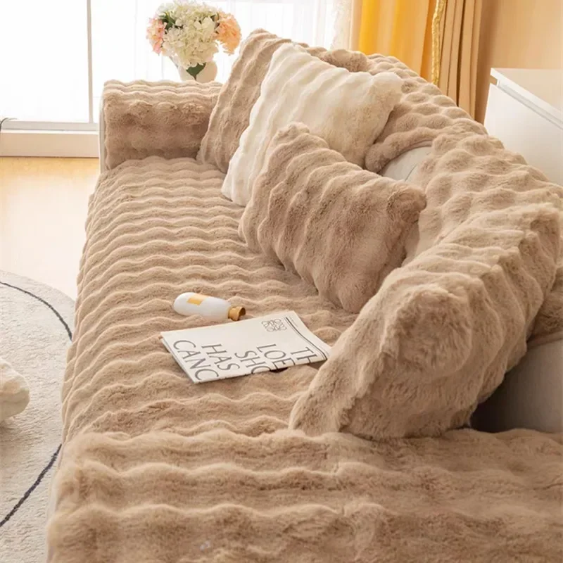 Nordic Solid Color Thick Rabbit Plush Sofa Covers for Living Room Universal Non-slip Couch Slipcovers Winter Warm Sofa Towel