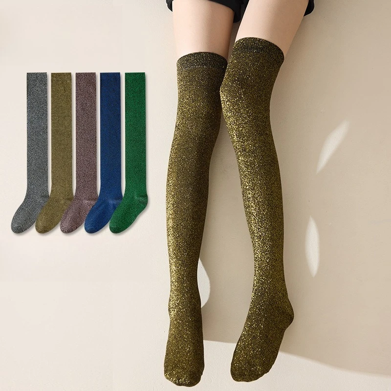 Ins Trendy Glitter Metallic Thread Over Knee High Socks, Women Shiny Stretch Thigh High Long Stockings For Girls Daily Street