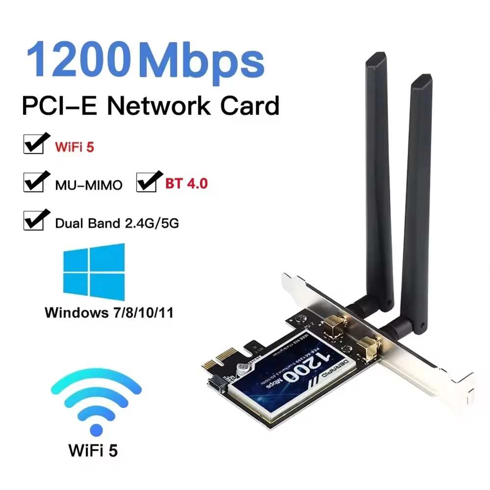 Adaptateur PCI-e sans fil 1200Mbps, 2.4G/5GHz, Bluetooth 4.0, carte Wlan WiFi 802.11ac, adaptateur Wifi de bureau PCI Express pour Win 7 10 11