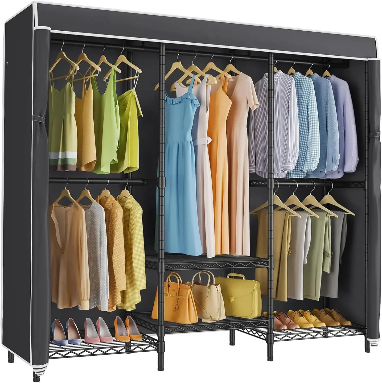 V3C Garment Rack Wardrobe Closet Heavy Duty Clothes Rack with Adjustable Shelves and Black Oxford Fabric Cover Black Metal