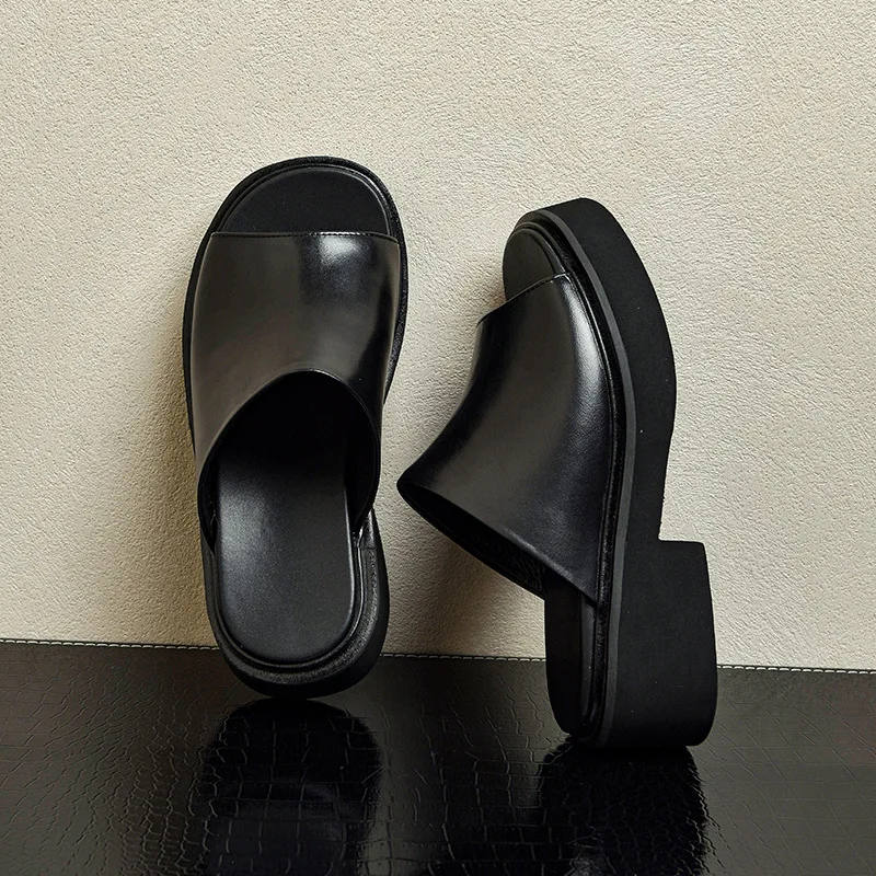 Men's Black Chunky Platform Roman Sandals Strap Open‑Toe Thick‑Sole Leather Footwear