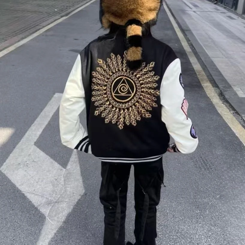 

Spring Autumn Sun Eye Embroidery Baseball Jaet Street Sle American Trendy Couple Match Loose Fit Youth ular Long Sve