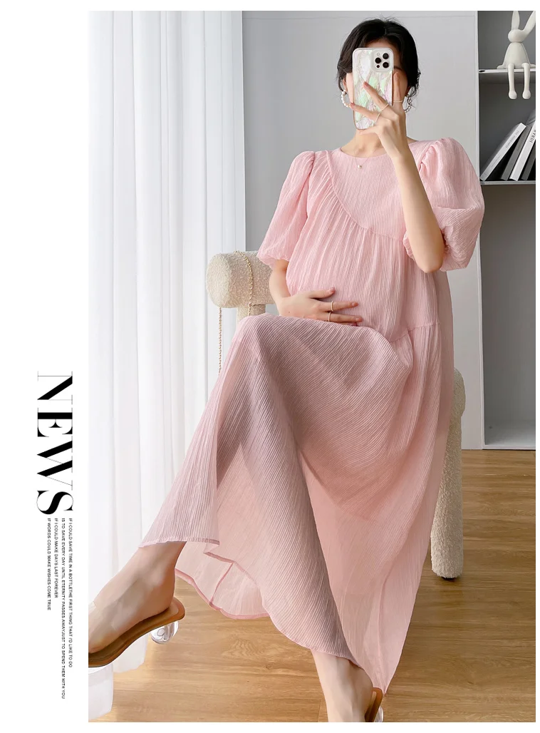 2024 Summer Hubble-bubble Sleeve Back Bowknot Princess Dress Sweet Pregnant Women Dress Maternity Pleated Dress With Lining Cute