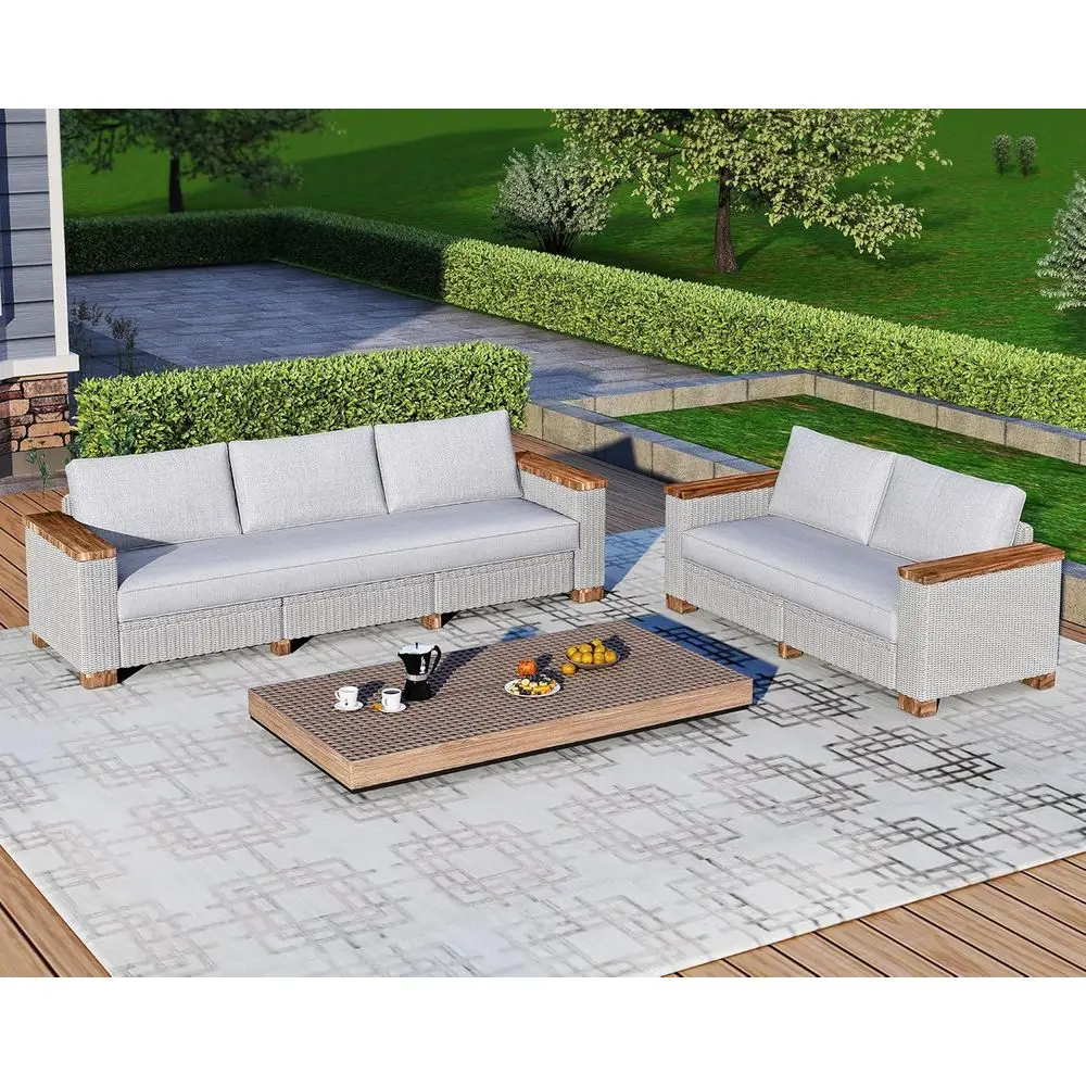 

5-Piece Wicker Patio Furniture Set with Wide Wood Armrests, Suitable for Outdoor, Backyard, Porch, Poolside, and Garden