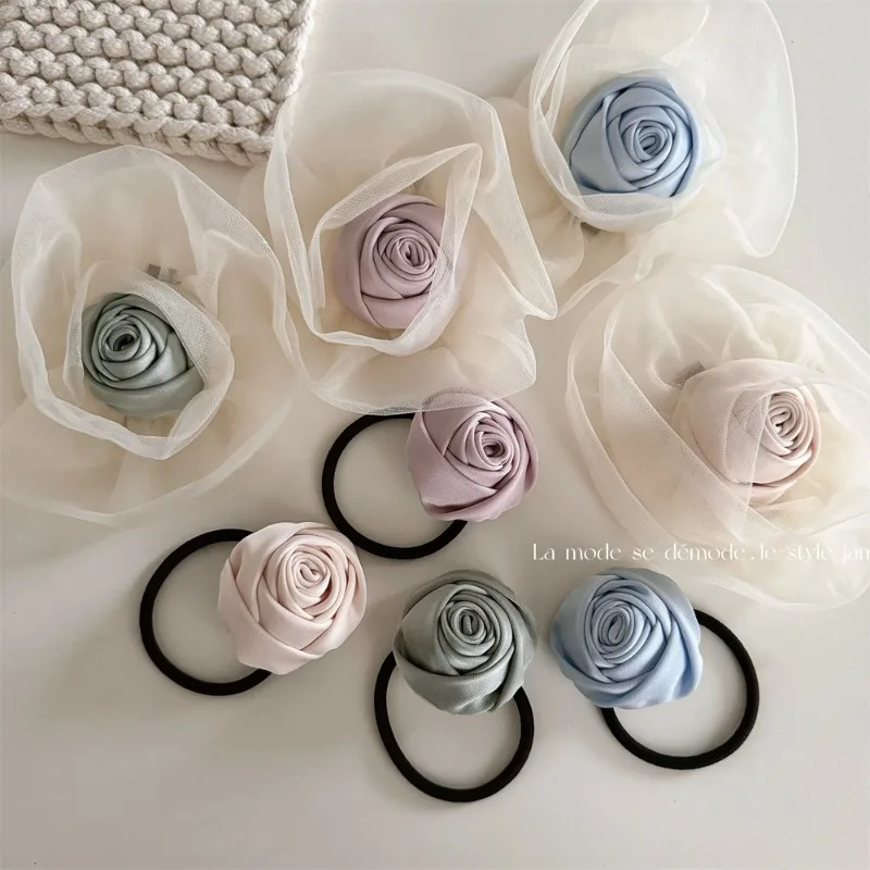 French Style Satin Vintage Handmade Rose Mesh Edge Hairrope Hairband Elegant Korean Sweet Cool y2k Girls Hair Accessories