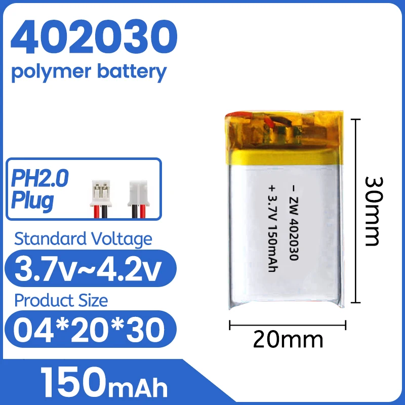 

3.7V 200mAh 402030 Lipo Rechargeable Battery JST 2.0mm 2Pin Plug For MP3 GPS Bluetooth Headset Recorder Smart WATCH