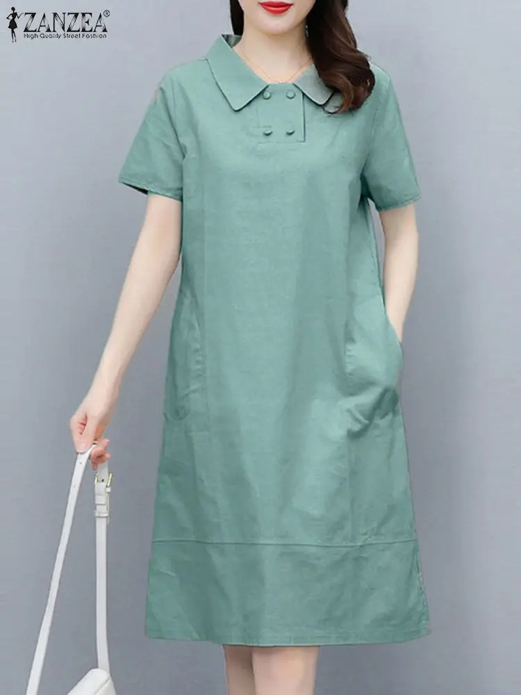 ZANZEA Fashion Summer Short Sleeve Casual Loose Shirt Dress Women Lapel Neck Solid Work Sundress Kaftan Knee-length Vestidos