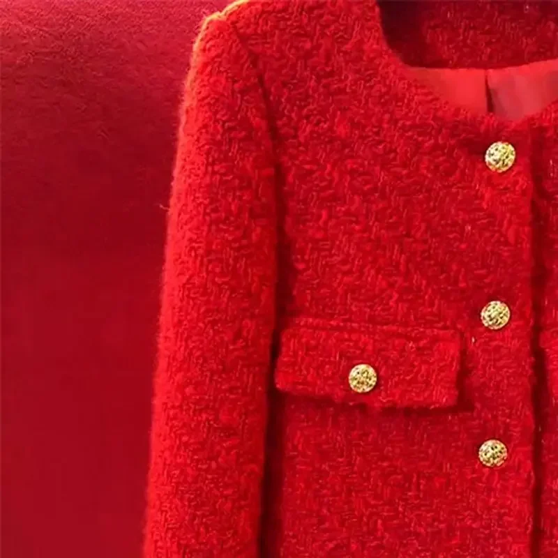جديد جودة عالية أزياء الأحمر تويد سترة معطف المرأة الفرنسية س الرقبة طويلة الأكمام زر معدني قصير ملابس خارجية صوفية أنيقة