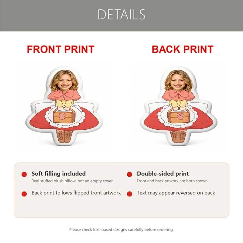 Custom Personalized Photo Face Pillow, Smiling in Red Dress Custom Shaped Decorative Cushion, Unique Home Decor Accent for Sofa