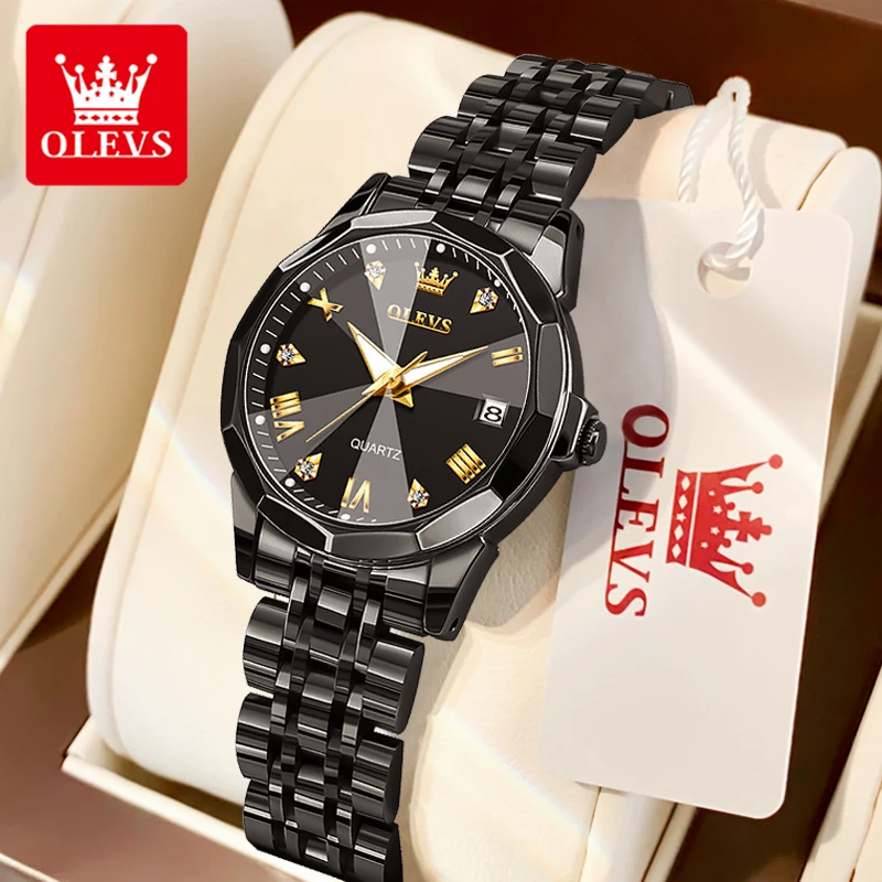 OLEVS Women's Quartz Wristwatches Fashion Rhombus Mirror Calendar Waterproof Luminous Solid Steel Strap Ladies Dress Watch 9931