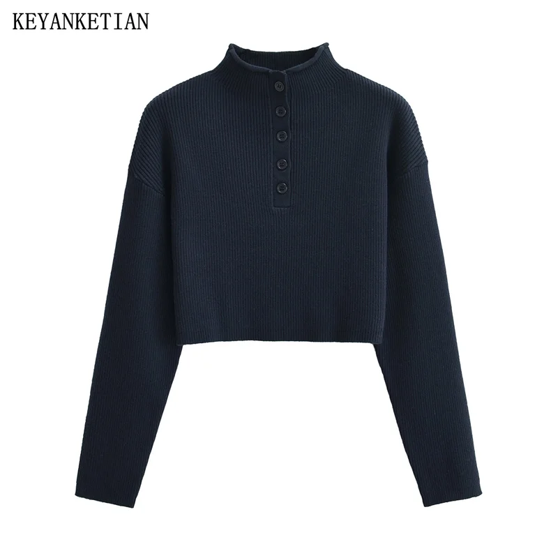 

KEYANKETIAN New Launch Women Mock Neck Skinny Pullover Knitwear American Retro Basic Button Decoration Navy blue Crop Knit Top