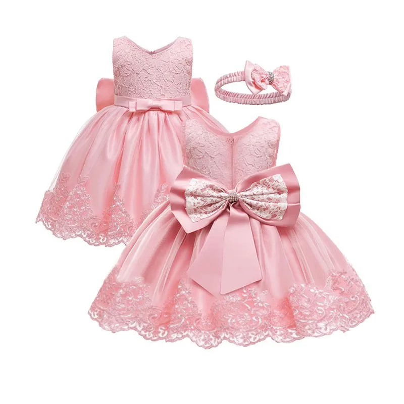 Flower girls Dress+Headwear For 3-8years Girls Wedding first 1st Birthday Party Dress Children Princess Elegant Dresses baptism