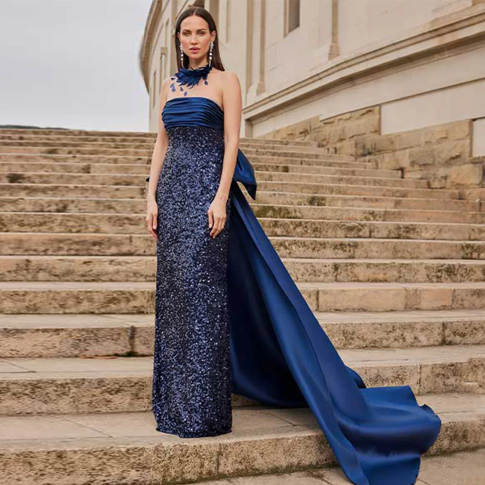 

Блестящее вечернее платье с блестками без бретелек, плиссированное атласное вечернее платье без рукавов для женщин, 2026, драпированное платье для выпускного вечера с большим бантом