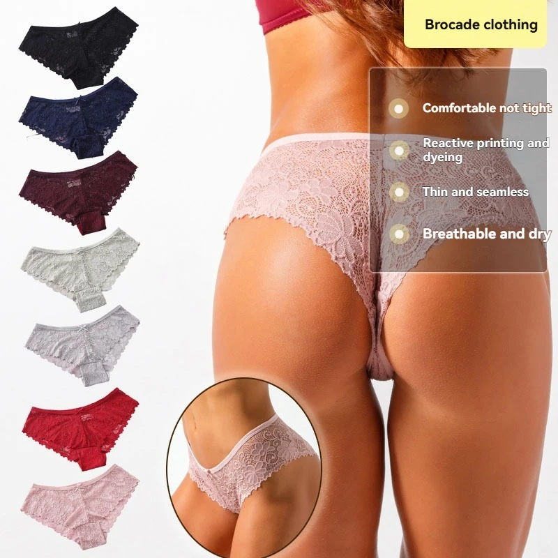 

European and American women's plus size sexy lace transparent underwear, low waist cotton range, comfortable and seamless ice si